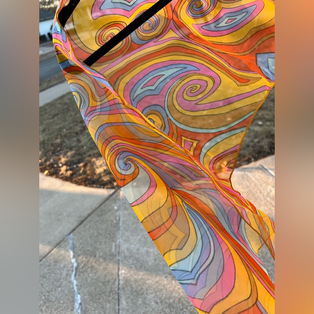 Sheer Paisley 1970s Mod Scarf /Ponytail Tie/Wrap Orange/Pink/Blue/Yellow 15βx44β - Picture 12 of 16